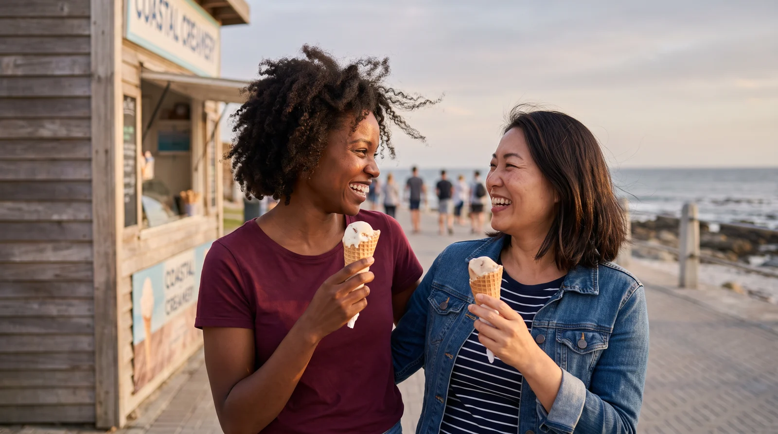 Two women sharing a playful seaside ice cream date
