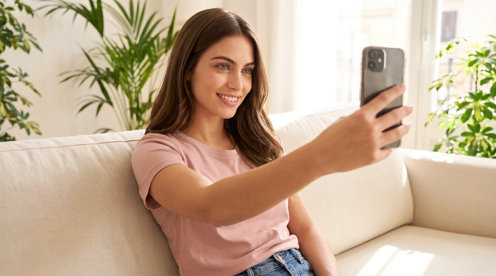 A brunette woman taking a spontaneous selfie at home