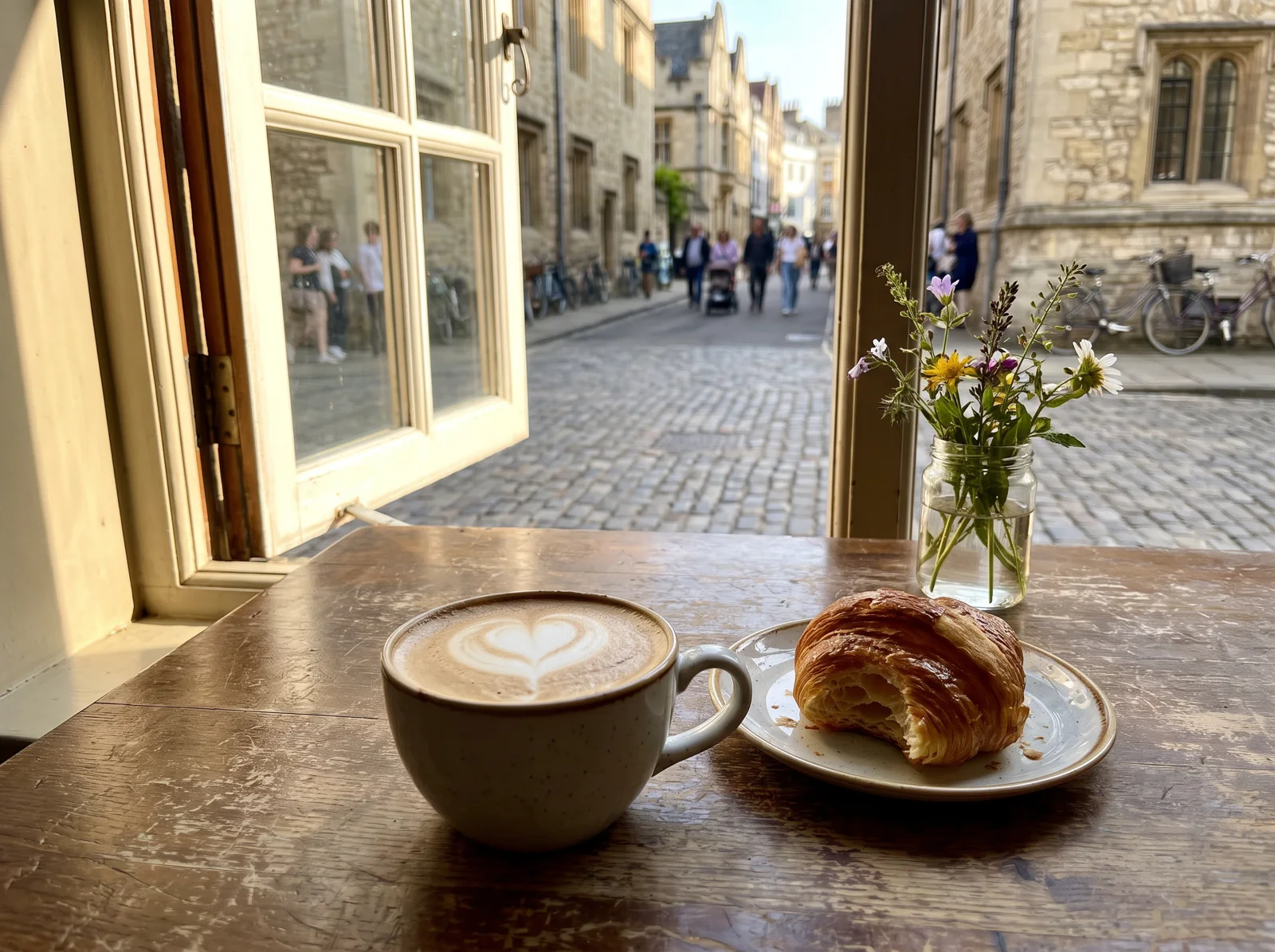 Coffee and a pastry at a sunny window table