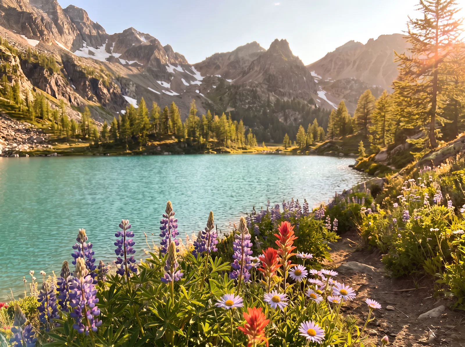 Sunlight over a mountain lake and wildflowers